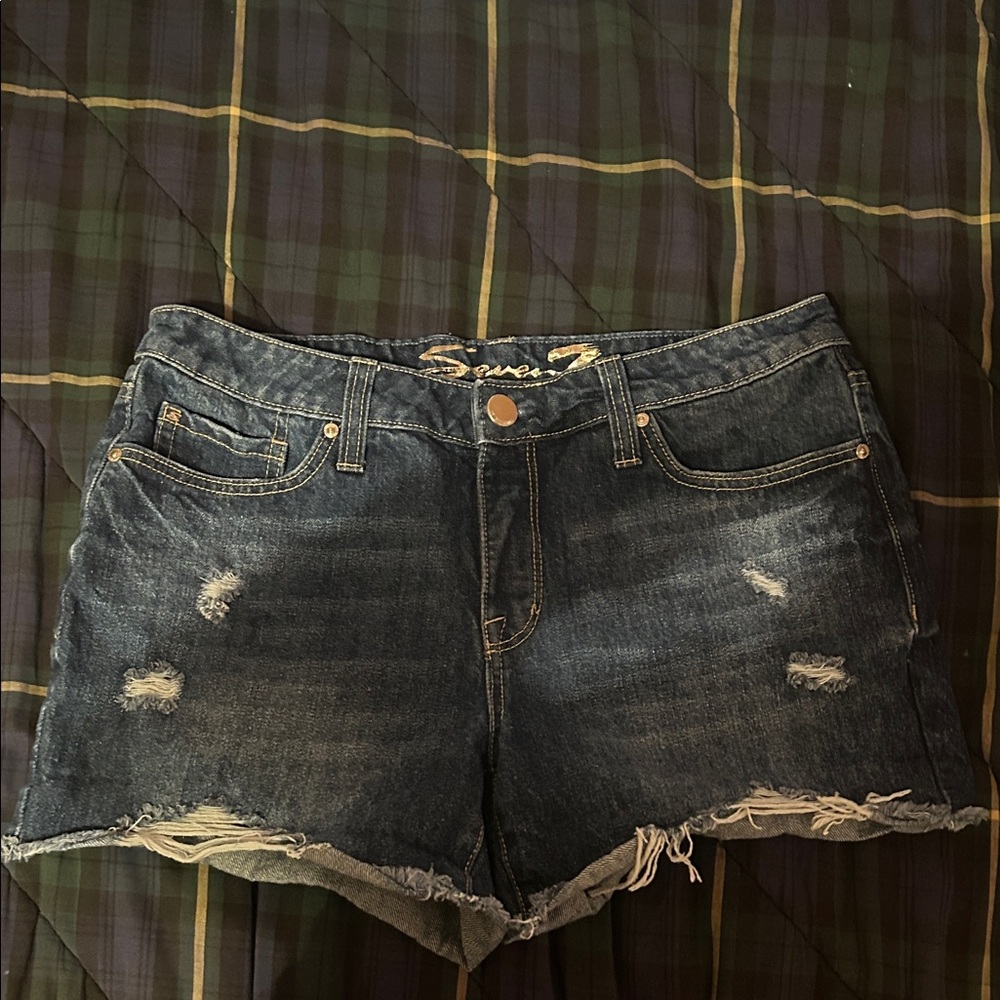 Seven7 Dark Blue Jean Shorts with Frayed Hem